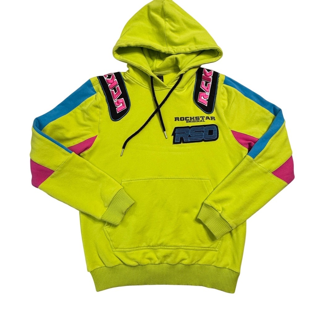 Rockstar Original Neon Yellow Graphic Hoodie‎ Racer Style Size Medium